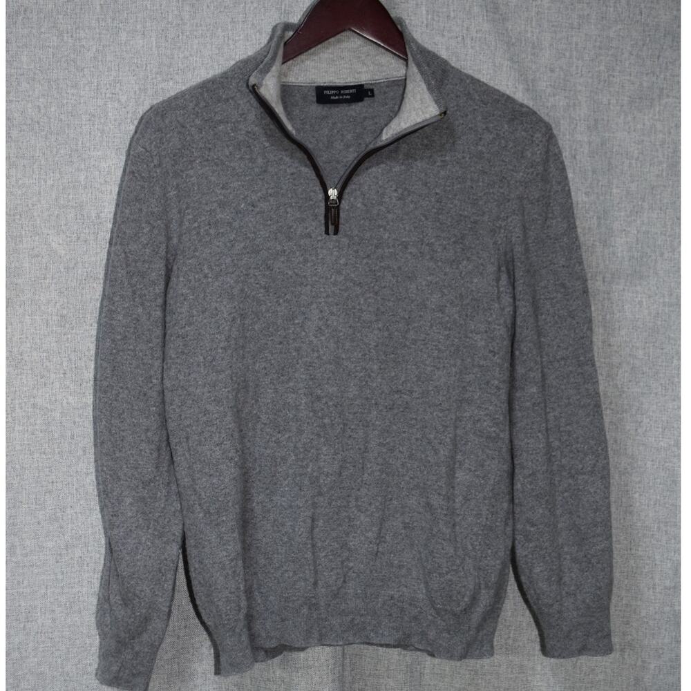 Filippo Riberti 1/4 Zip Merino Wool Blend Pullover Sweater Gray Mens Large